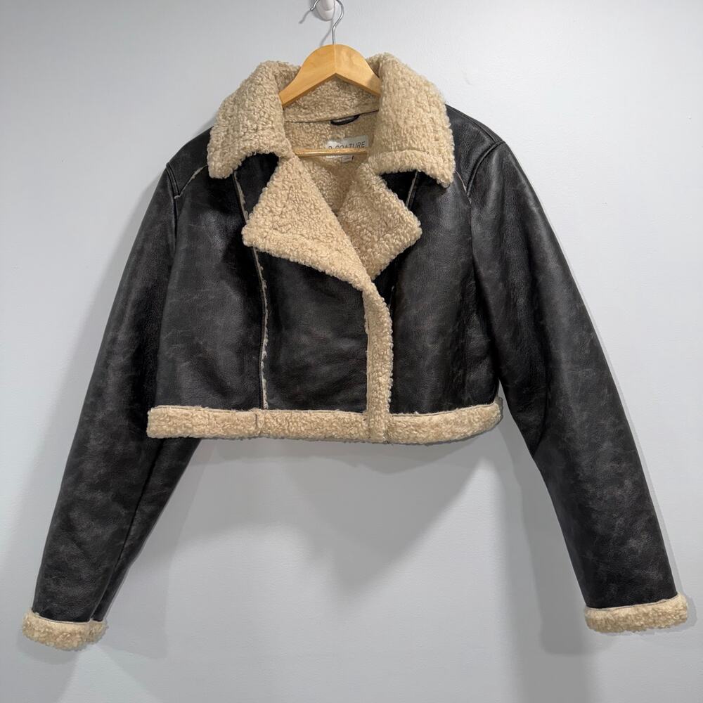B Coature Vegan Leather Cropped Aviator Cozy Black Faux Sherpa Contrast Jacket L